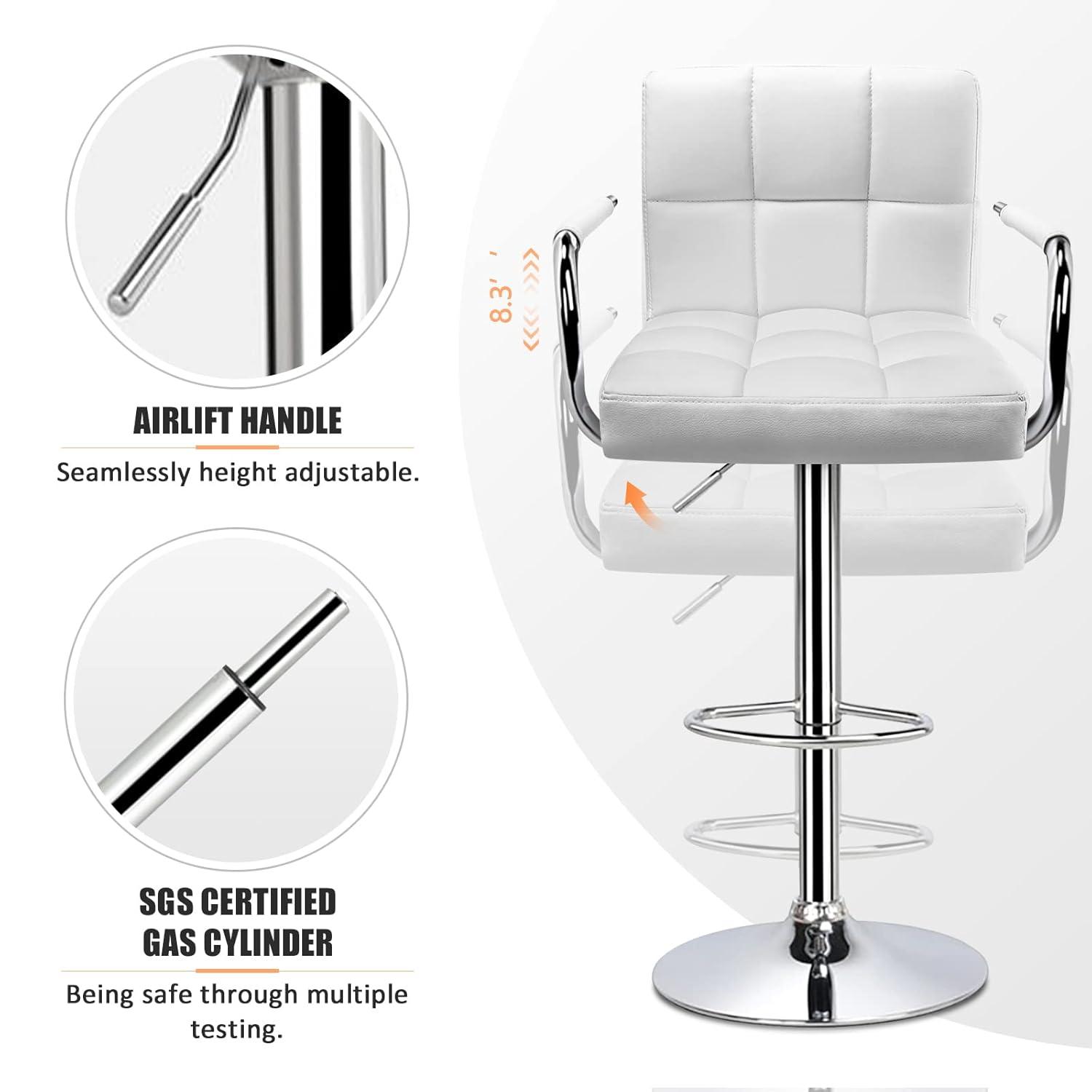 Luxvie Bar Stools Set of 2 with Back and Arms Swivel Bar Chairs Counter Height Barstools Adjustable Bar Chair for Home and Kitchen Counter(White/Silver, 2pcs)