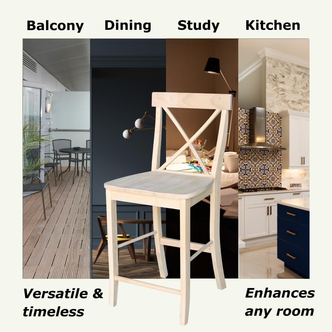 24" X Back Counter Height Barstool Unfinished - International Concepts: Hardwood Frame, Square Seat