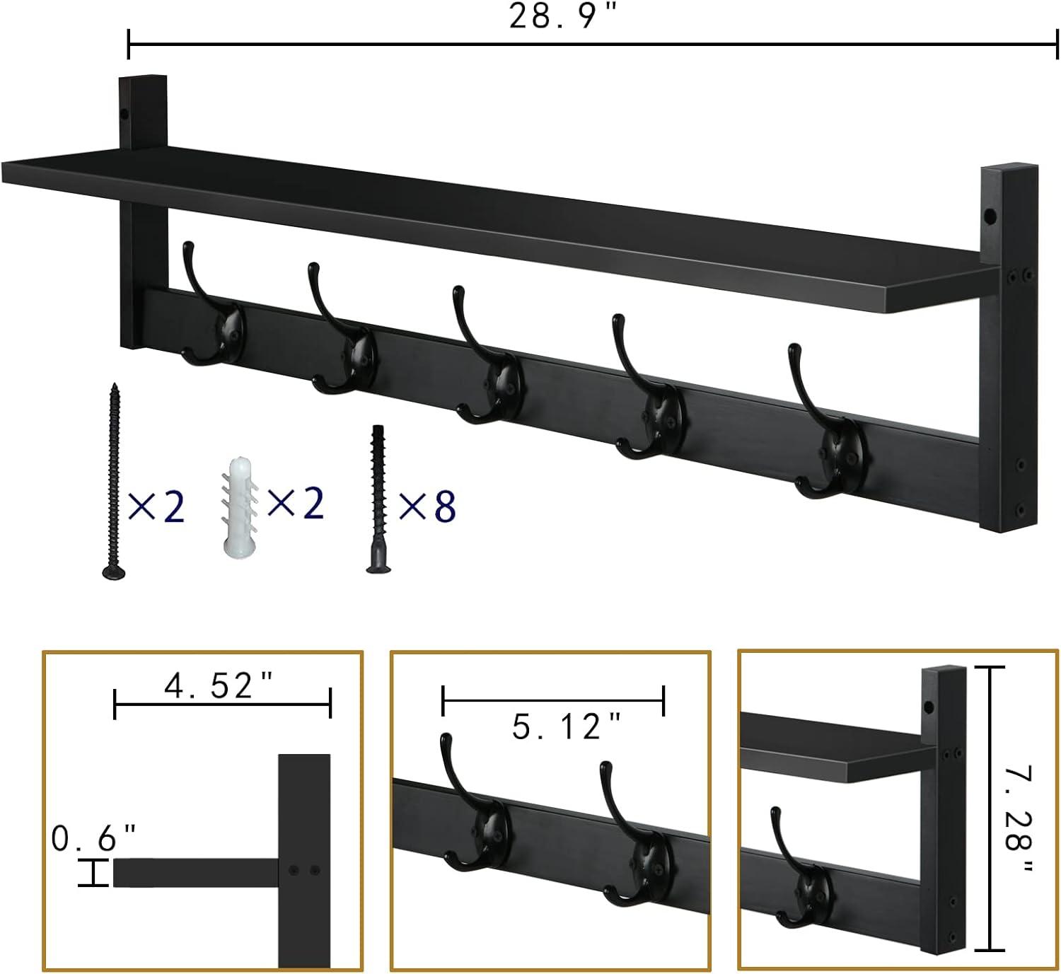 Black Wall-Mounted Shelf with 5 Dual Hooks