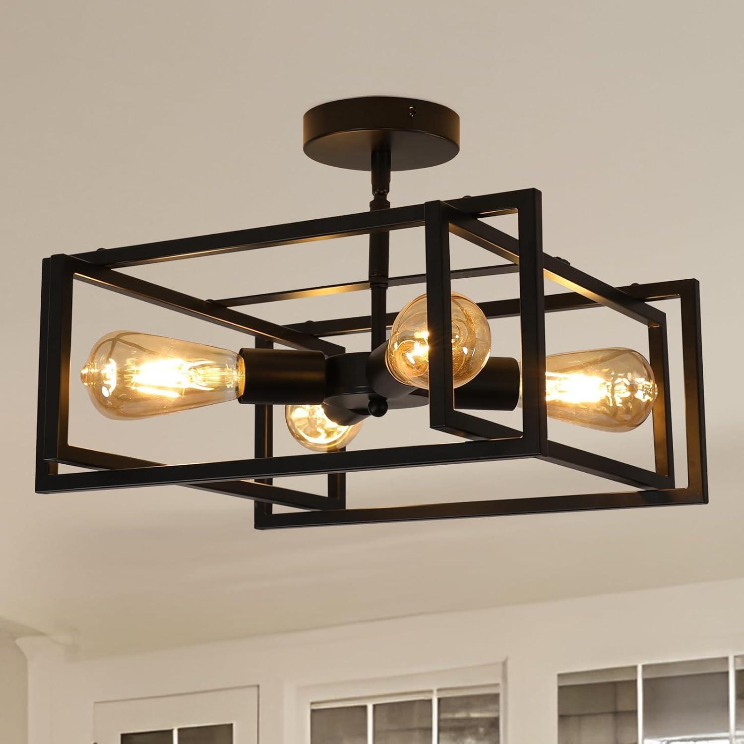 Matte Black 4-Light Industrial Farmhouse Ceiling Fixture