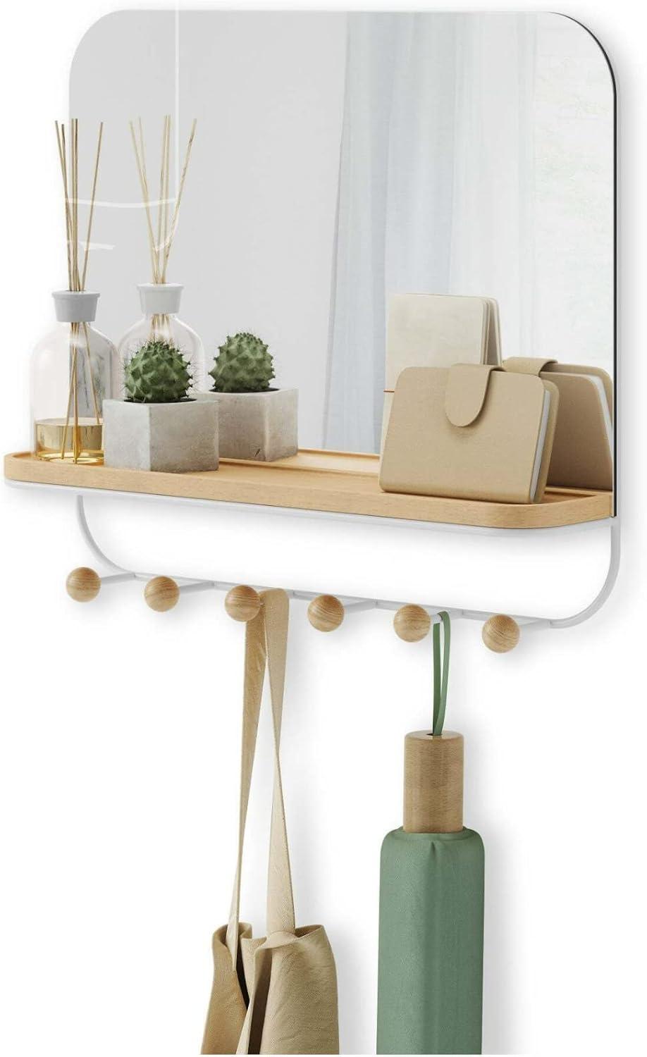 White Wood Rectangular Mirror with Hooks and Tray