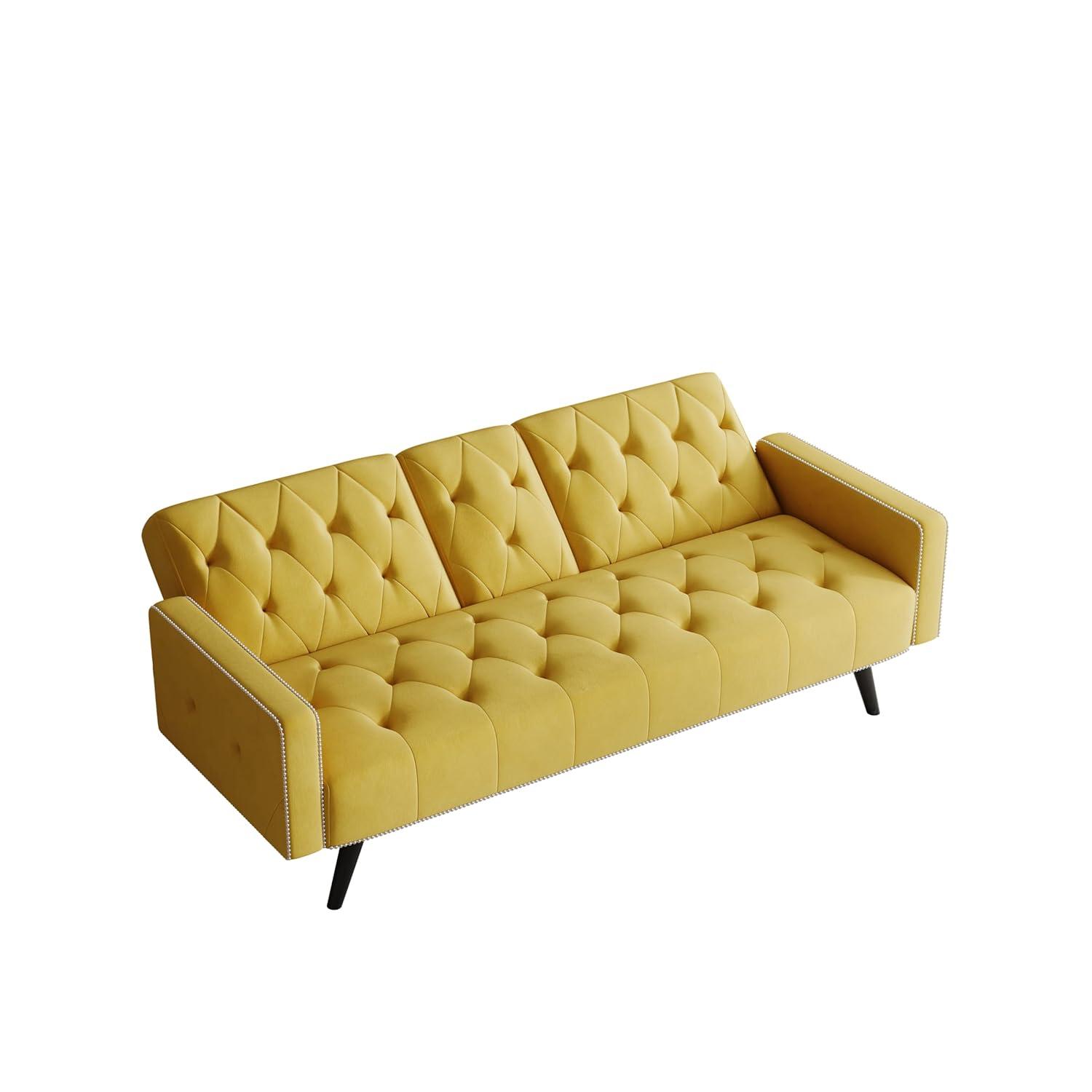 Modern Futon Sofa Bed, Armrest With Nail Head Trim, Convertible Sofa Bed, with 2 Cup Holders, 72" Velvet Loveseat Sofa Couch, Upholstered Sleeper Sofa Bed for Small Space