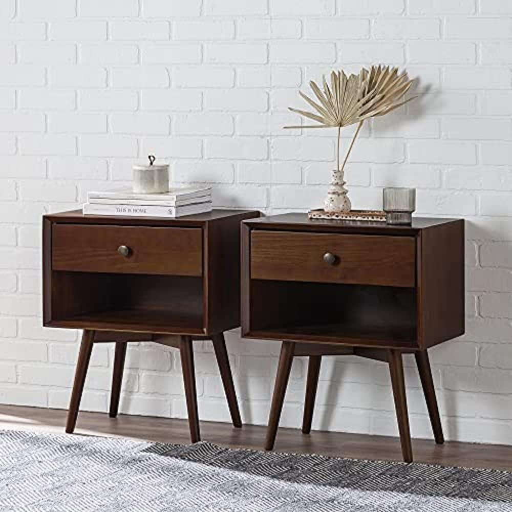 Walker Edison 2-Piece Mid-Century Solid Pine Wood Bedroom Nightstand in Walnut