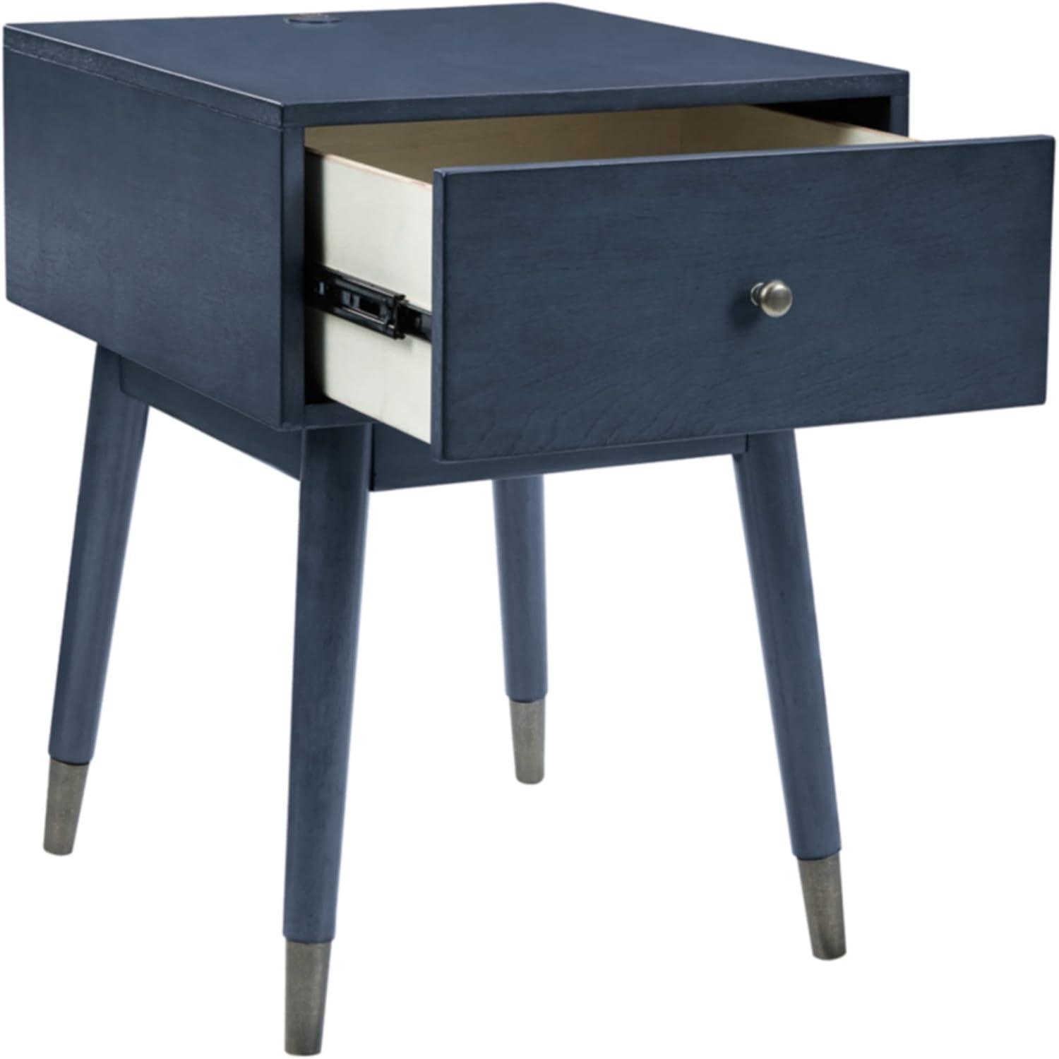 Transitional Blue Wood Accent Table with USB and Storage