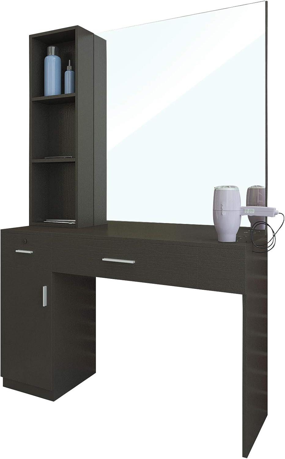 Artist Hand Wall Mount Salon Barber Station Styling Beauty Spa with Mirror, Left Shelf (Black)