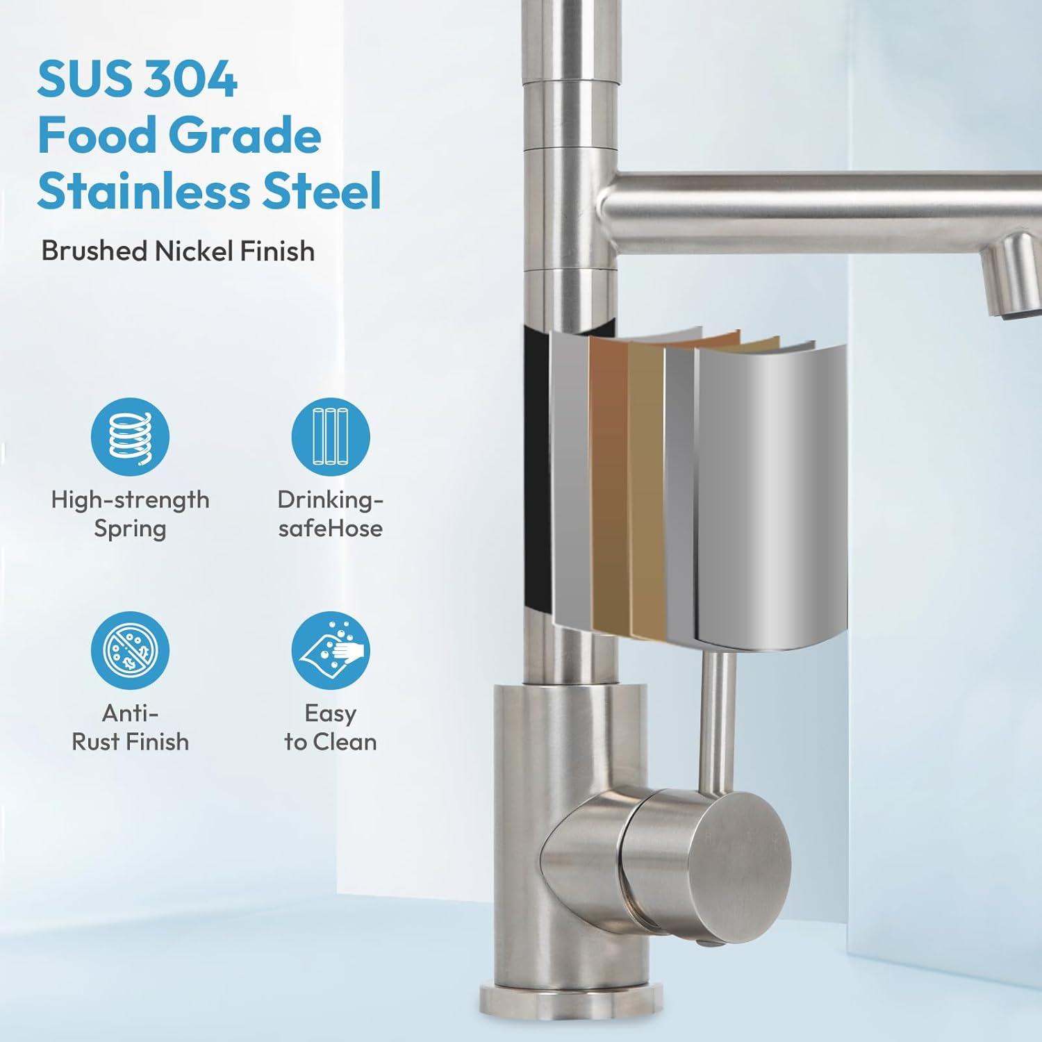 Besdor Kitchen Faucet with Pull Down Sprayer, Spring Single Handle Faucet for Kitchen Sink, Two Function Sprayer, 360-degree Rotation, with Deck Plate, 304 Food Grade Stainless Steel, Brushed Nickel
