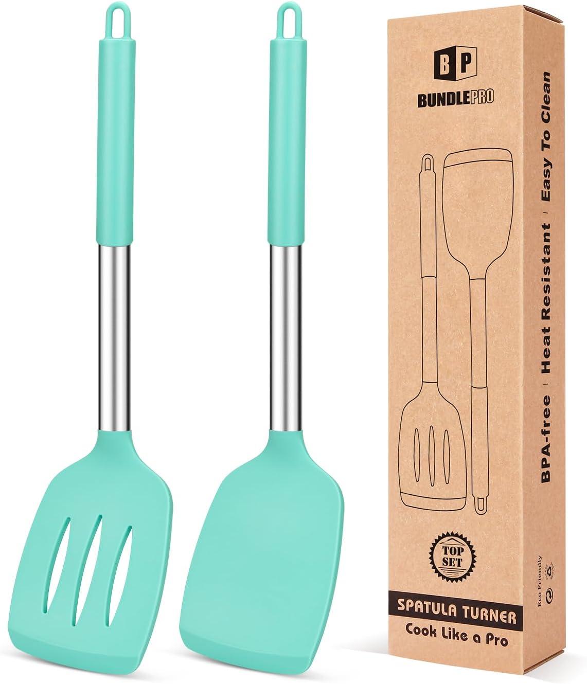 Pack of 2 Silicone Solid Turner, Non Stick Slotted Kitchen Spatulas, High Heat Resistant BPA Free Cooking Utensils, Ideal Cookware for Fish, Eggs, Pancakes(Green)