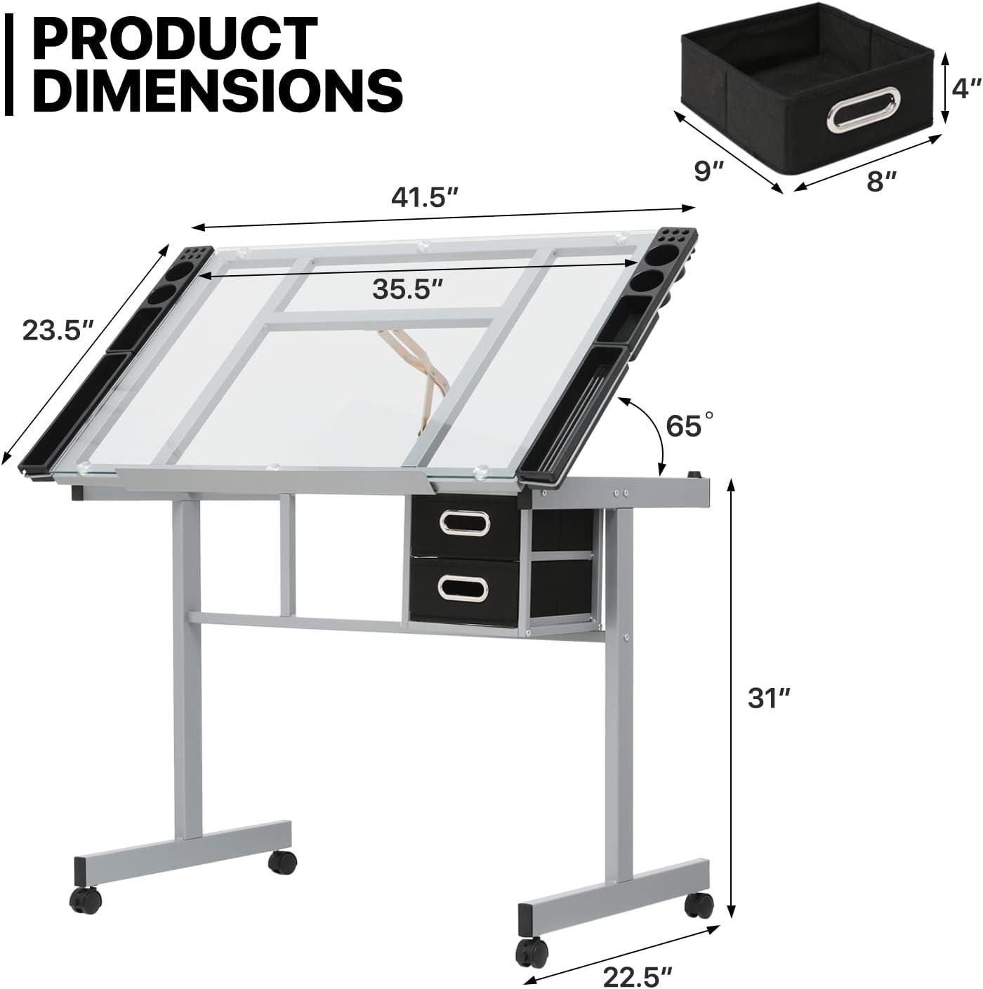 MoNiBloom Craft and Drawing Station with Tempered Glass Top, Dual Drawers, and Angle Adjustable Grey Drafting Table