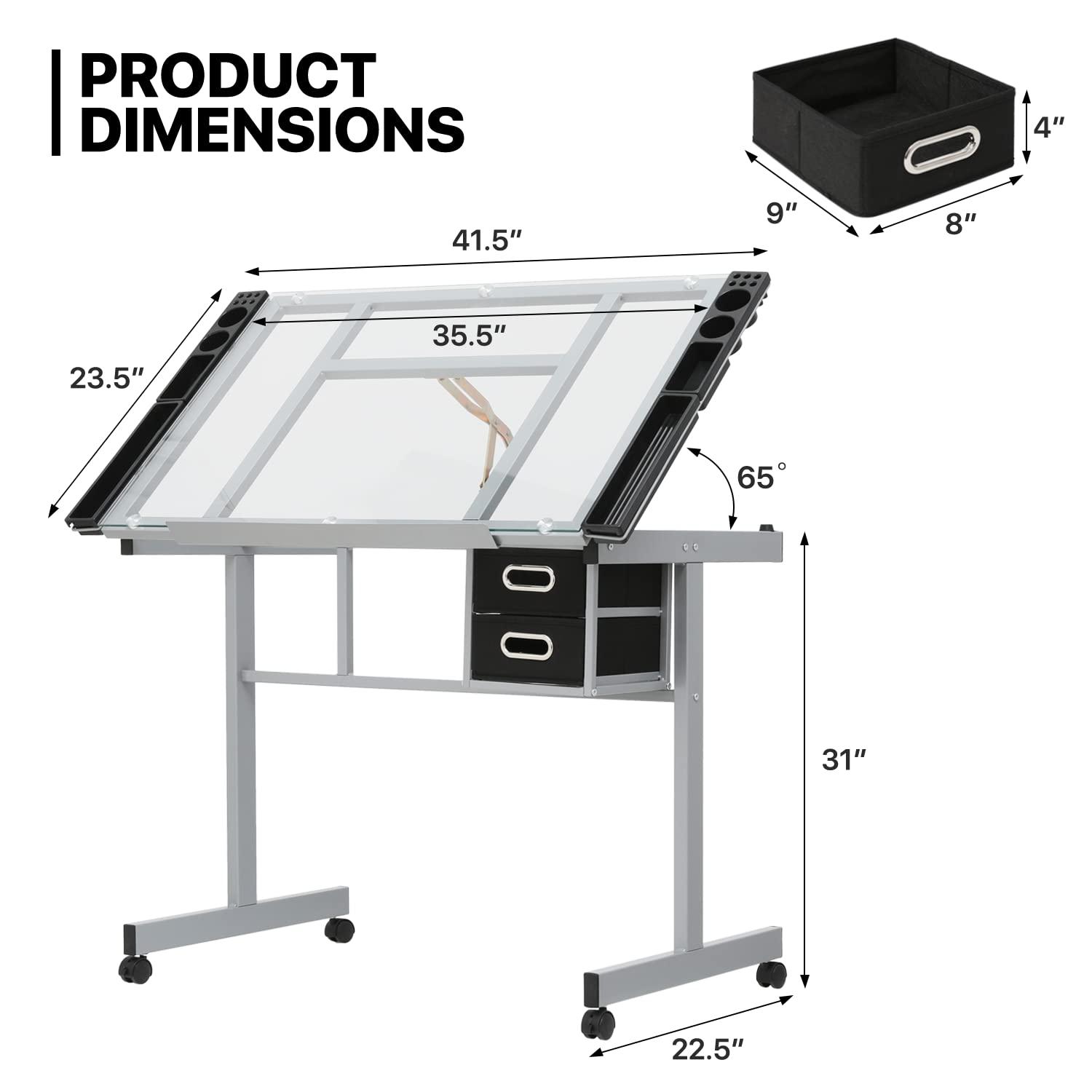 LIQI Drafting Table on Wheels with Storage & Side Tray - Adjustable 0-65° Glass Tabletop, Replaceable Feet Art Desk