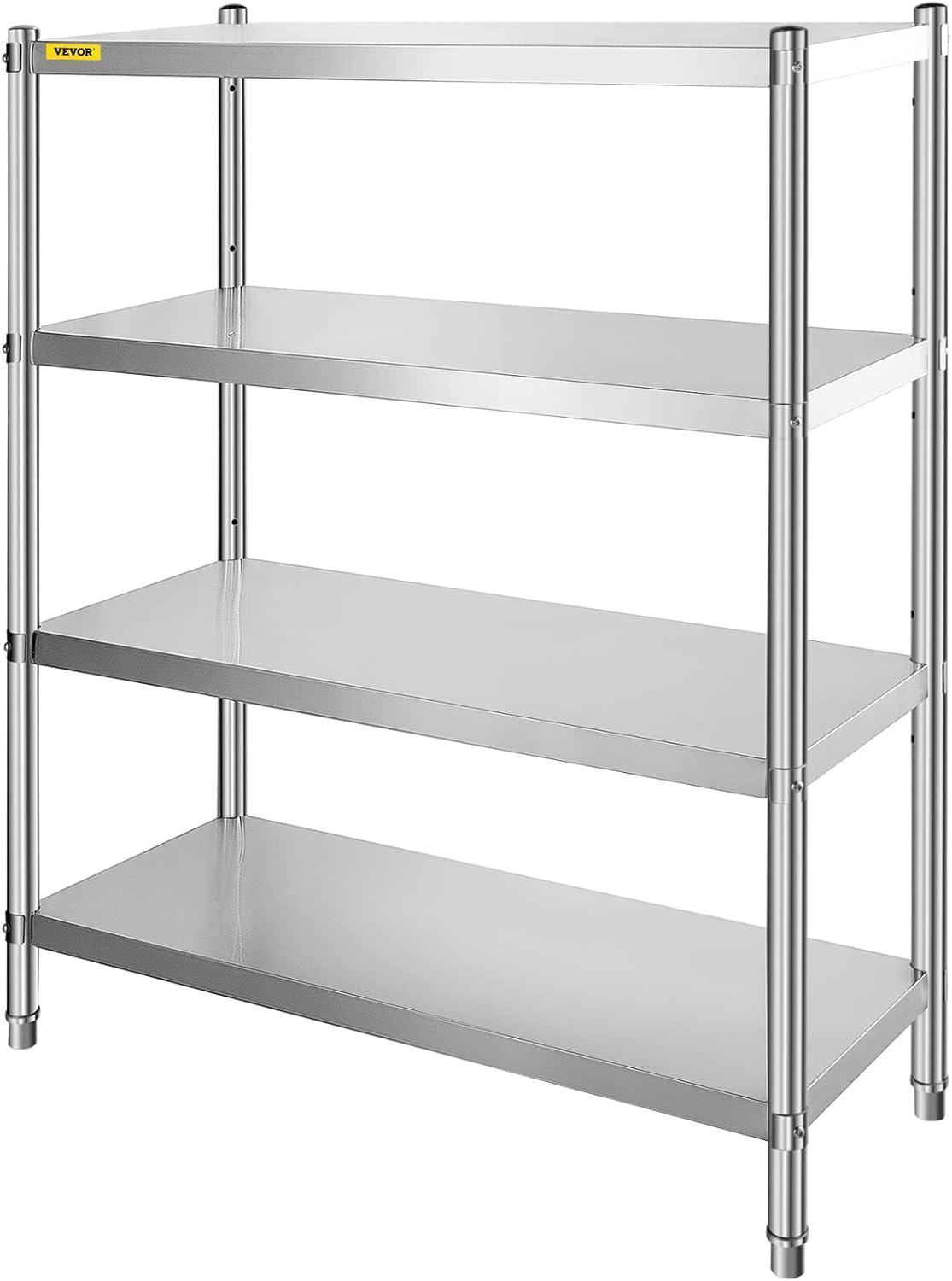 VEVORbrand Stainless Steel Shelving 46.8x18.5 inch 4 Tier Adjustable Shelf Storage Unit Stainless Steel Heavy Duty Shelving for Kitchen Commercial Office Garage Storage 330lb Per Shelf