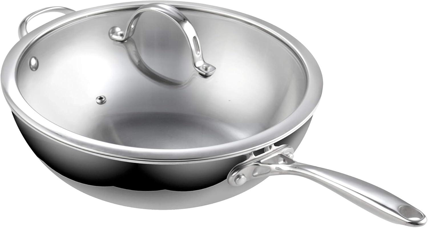 Cooks Standard Wok Pan Stainless Steel, 12-Inch Multi-Ply Clad Stir Fry Pan with Glass Lid, Induction Cookware, Silver