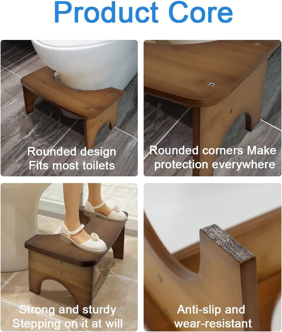 Bamboo Toilet Stool for Adults, 6.5" Toilet Stool Squat Adult Kids, Portable Simple Curve Squat Toilet Potty Stool, Non-Slip Poop Stool for Bathroom, Improve Squatting Posture and Comfort (Wood)