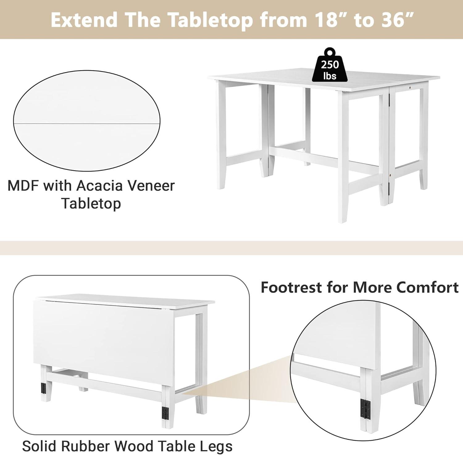 Farmhouse Drop Leaf Folding Dining Table, Space Saving Solid Wood Extendable Dining Room Table for 4 Person from 18" to 36", White