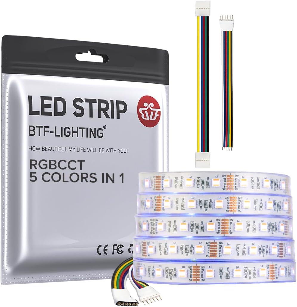 BTF-LIGHTING RGBCCT 5 Colors in 1 LED 5050SMD RGBWW RGB+Dimmable Tunable Color Temperature 2700K-6500K 16.4ft 60LEDs/m 300LEDs DC24V Multi-Colored Tape Lights IP30 White PCB(No Adapter or Controller)