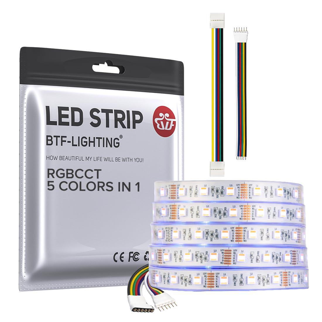 BTF-LIGHTING RGBCCT 5 Colors in 1 LED 5050SMD RGBWW RGB+Dimmable Tunable Color Temperature 2700K-6500K 16.4ft 60LEDs/m 300LEDs DC24V Multi-Colored Tape Lights IP30 White PCB(No Adapter or Controller)