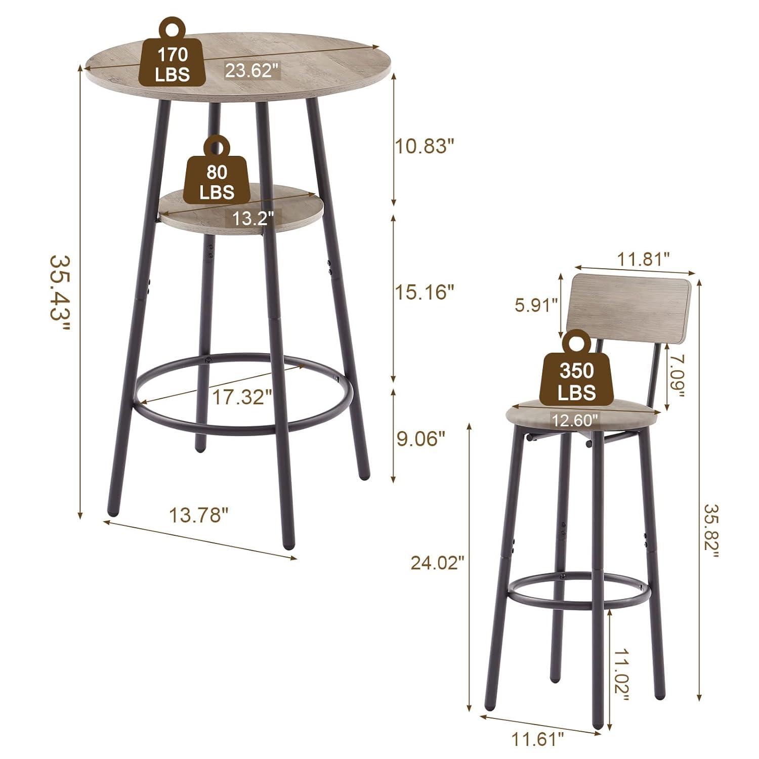 Kitchen Bar Table Set, 3-Piece Bar Table Set for Kitchen, Round Dining Room Set with 2 Upholstered Chairs, Gray Table and Chairs Dining Set for Pub Bistro Restaurant
