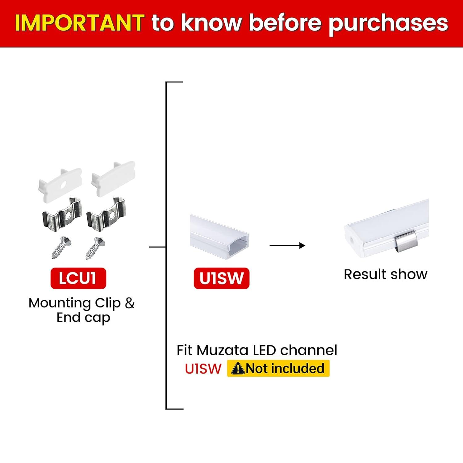 Muzata LED Channel Install Accessories Including 12Pack Stainless Steel Mounting Clips and 6Pack Grey End Caps fit Muzata U1SW U Shape Aluminum LED Strip Light Channel LCU1 WW