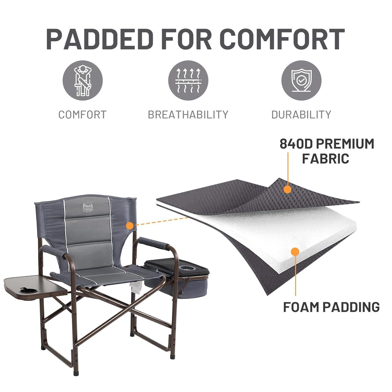 TIMBER RIDGE Lightweight Camping Chair, Portable Laurel Director's Chair with Foldable Side Table, Cooler Bag & Mesh Pocket, Compact Outdoor Folding Lawn Chair, Supports 300lbs, Grey
