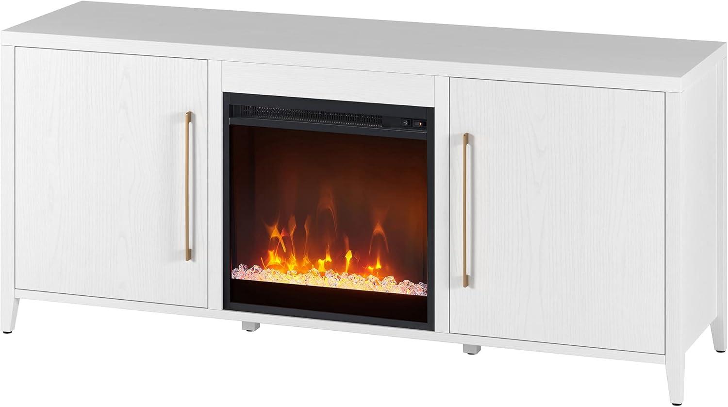 White MDF TV Stand with Crystal Fireplace and Storage Cabinets