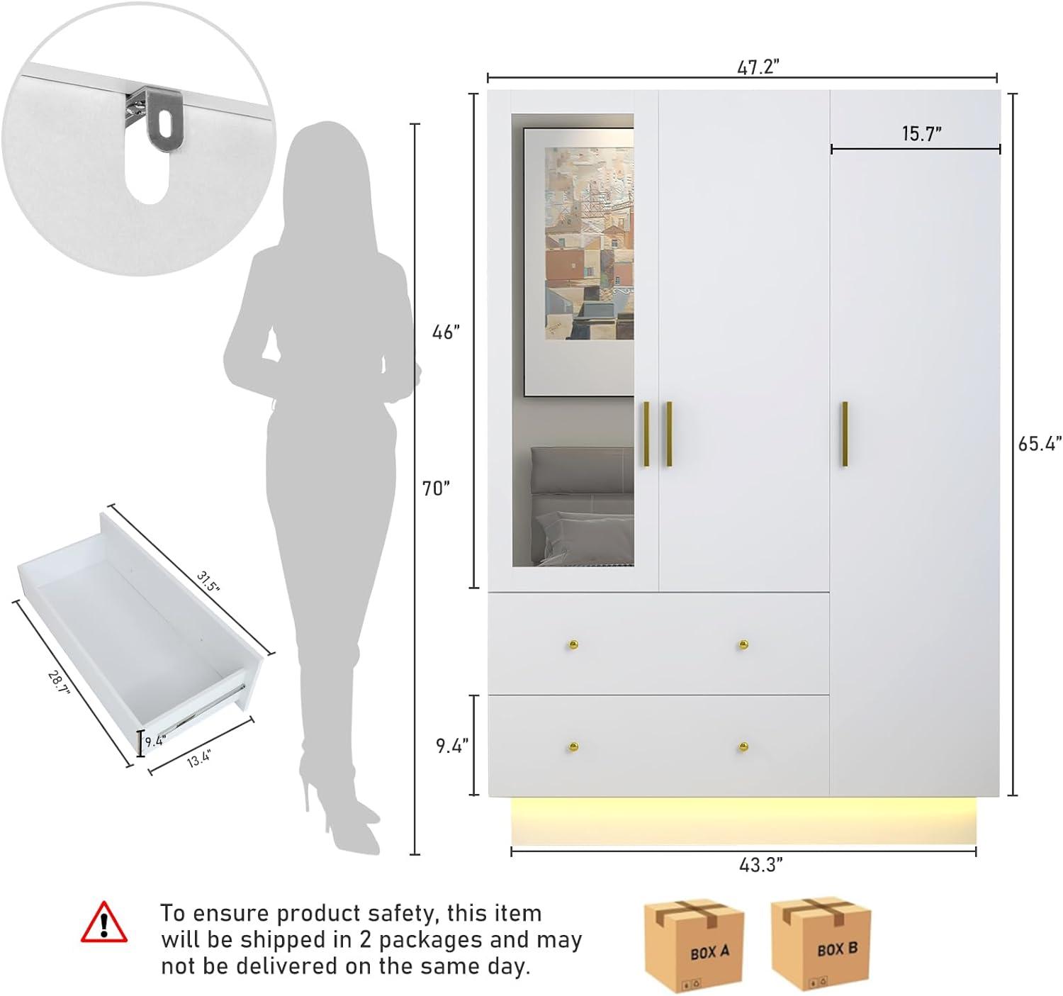 Armoire Wardrobe Closet With Mirror & Led Light, 4 Door Wooden Storage Cabinet With Drawers, Spacious Armoire With Hanging Rod & Adjustable Shelves