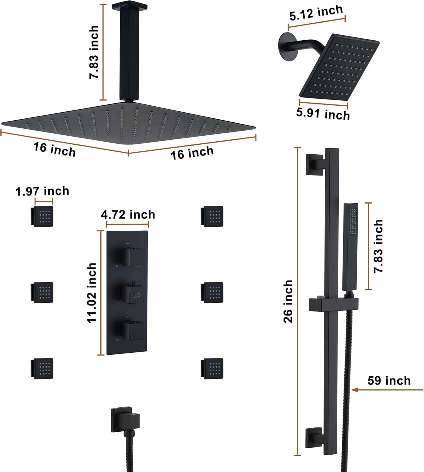 Rainfall Symphony 16inch Dual Shower Head Rainfall Thermostatic Shower System with 16-inch Slide Bar and Body spray