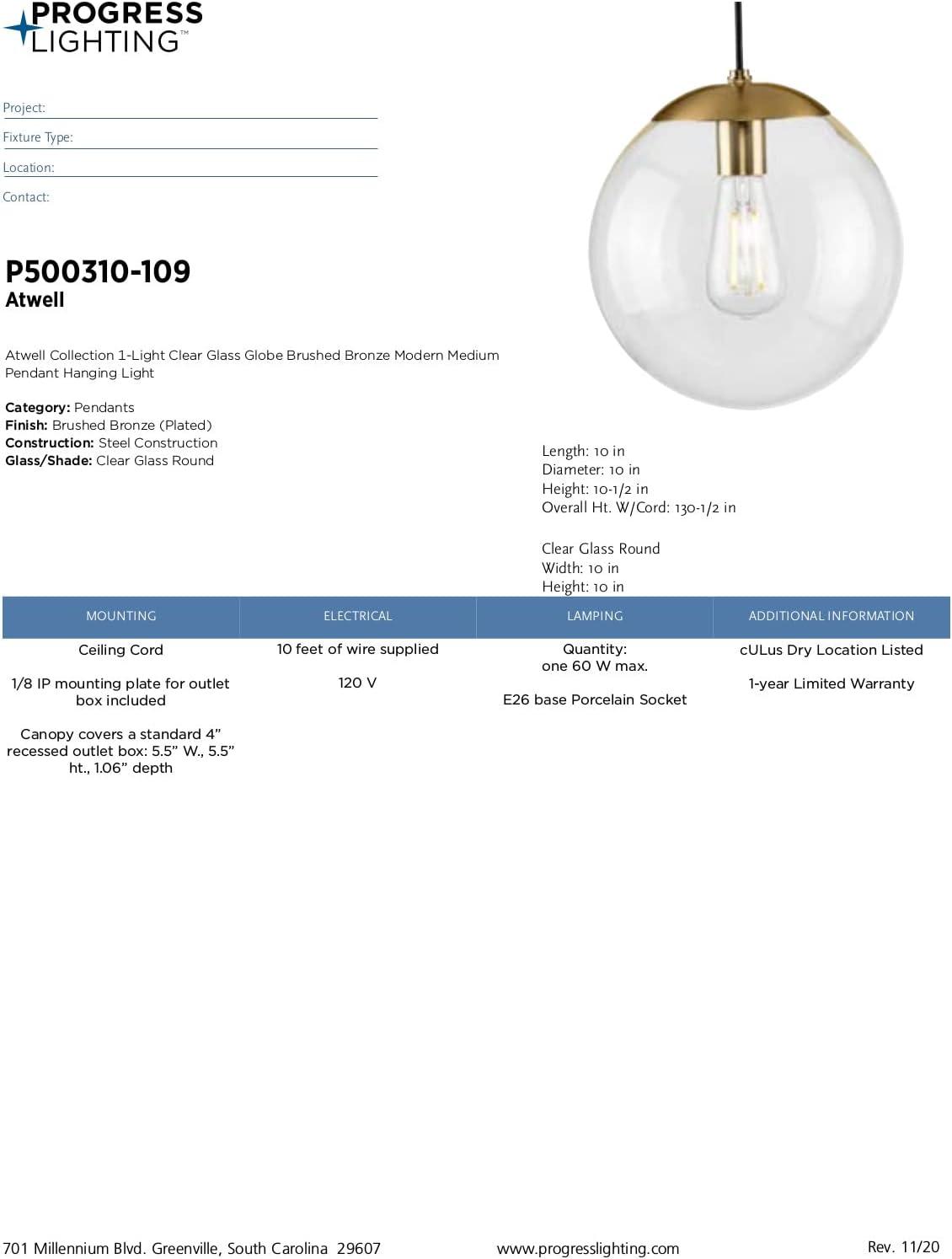 Progress Lighting Atwell 1-Light Glass Globe Pendant, Brushed Nickel, Clear Glass Shade