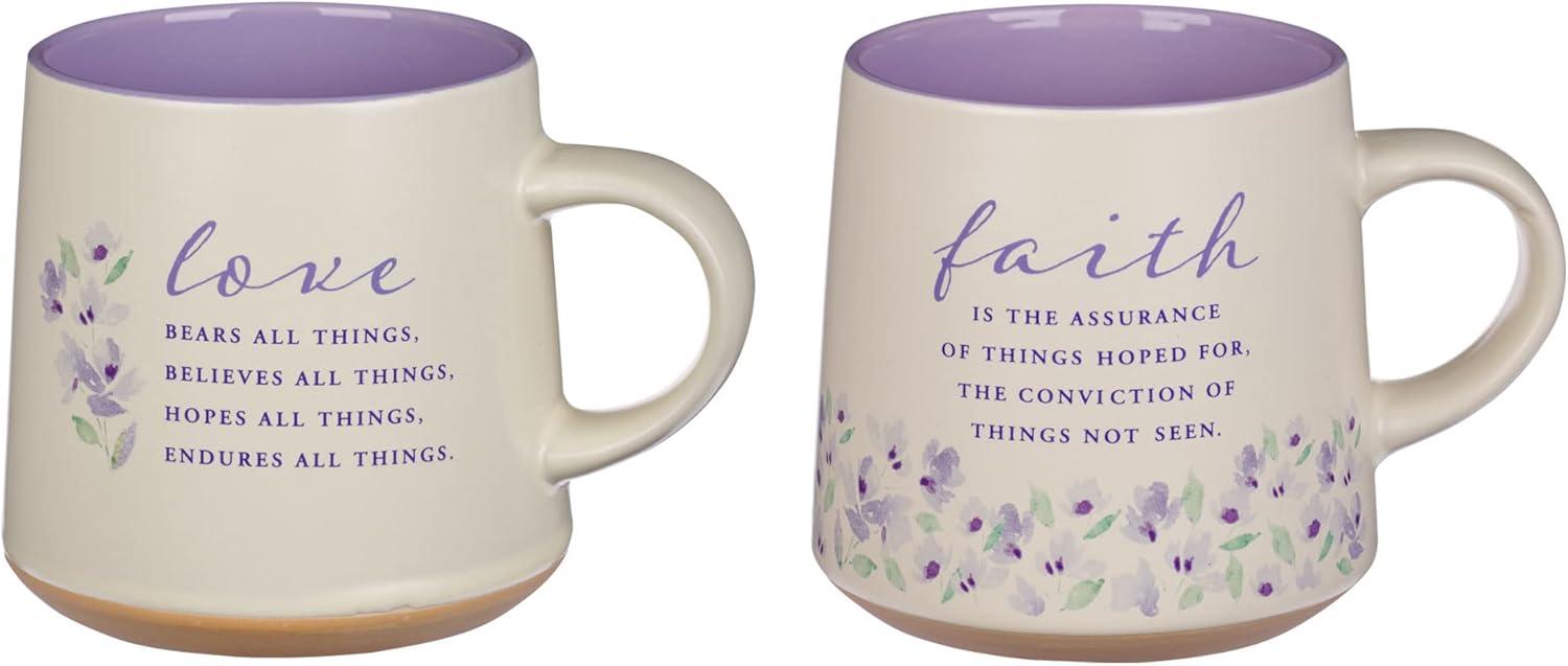 Faith and Love Lilac Purple Ceramic Coffee Mug Set