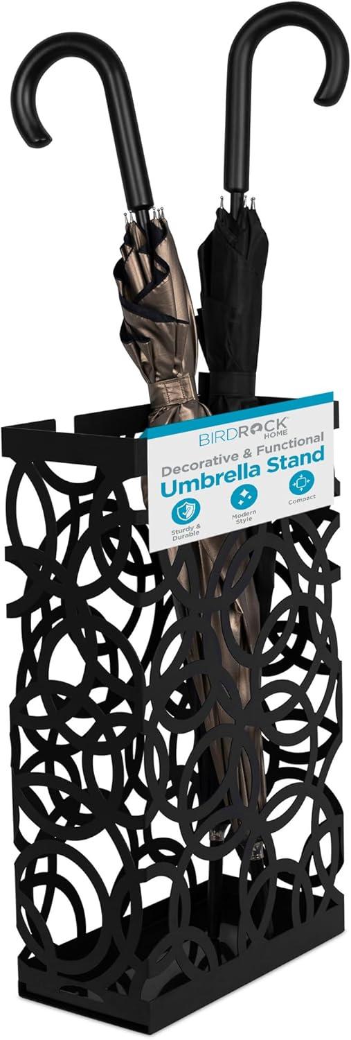 BIRDROCK HOME Decorative Umbrella Stand with Removable Water Tray - Large Metal Umbrella Rack and Cane Walking Stick Organizer for Entryway - Umbrella Holder for Indoor & Outdoor - Black, Circle