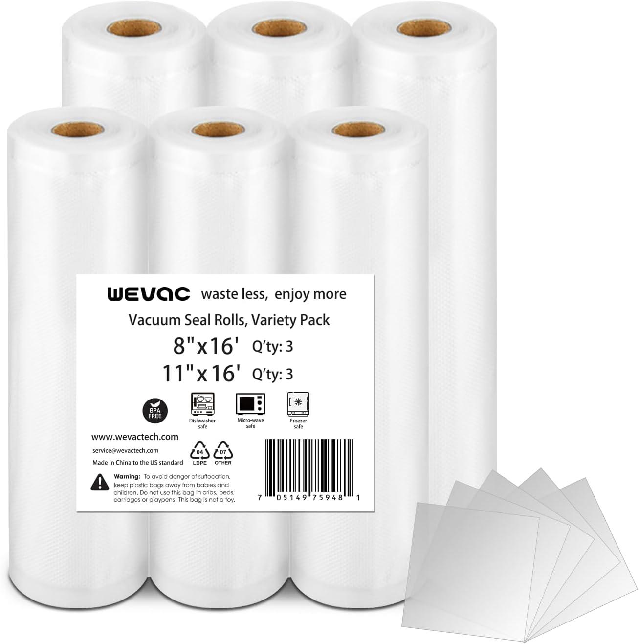 Wevac 11" x 16' Vacuum Seal Rolls for Food Saver, 6 Pack Seal a Meal Vac Storage, Clear