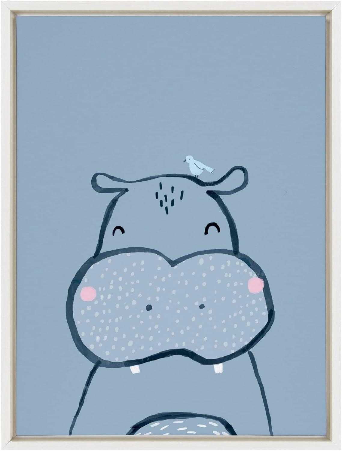 Kate and Laurel Sylvie Inky Hippo Framed Canvas by Lauradidthis, 18x24, White