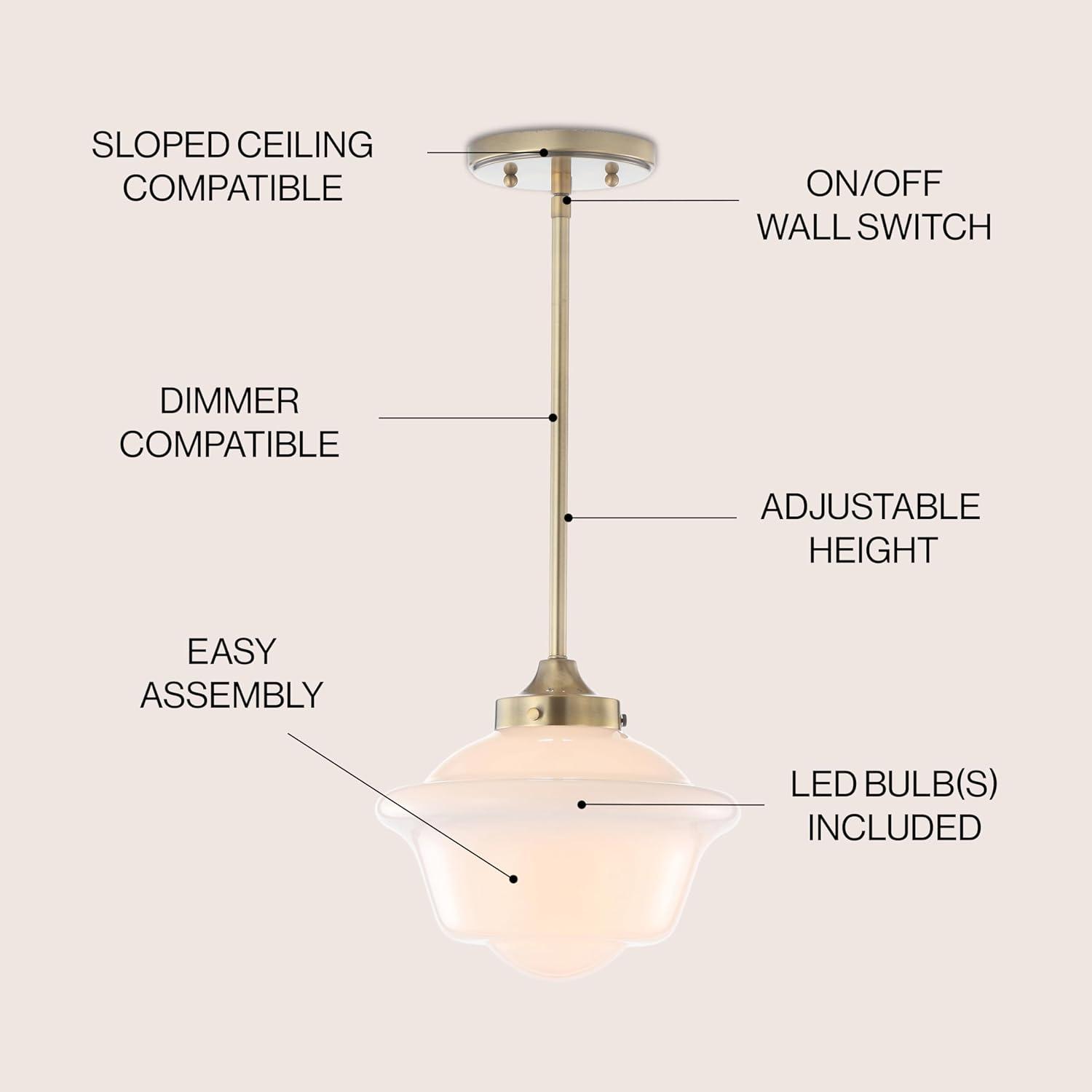 Kurtz 9.5" Adjustable Drop Metal/Glass LED Pendant, Brass Gold/White