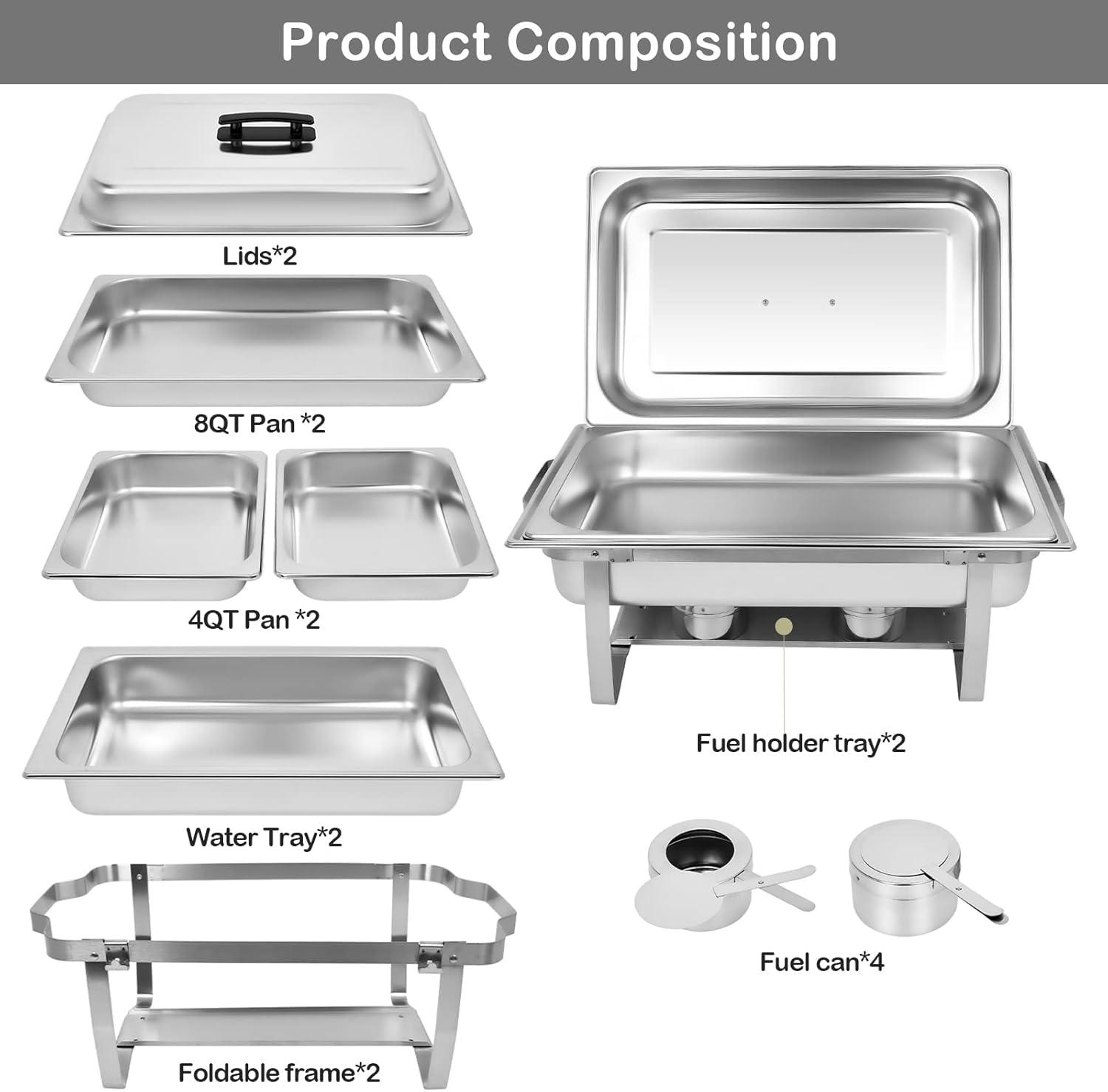 PRIJESSE Chafing Dish Buffet Set 2 PACK, 8 QT Stainless Steel Rectangular Chafing Dishes FULL PAN for Buffet, Warmers Sets for Parties, Events, Wedding, Camping, Dinner