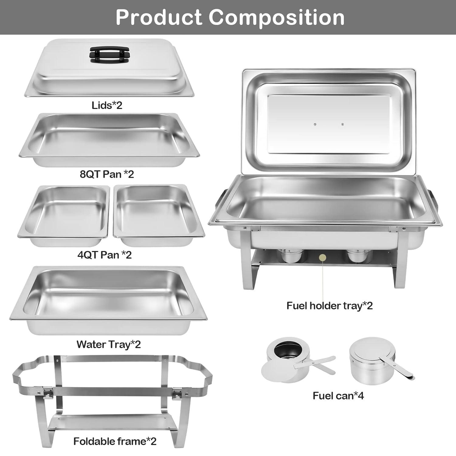 PRIJESSE Chafing Dish Buffet Set 2 PACK, 8 QT Stainless Steel Rectangular Chafing Dishes FULL PAN for Buffet, Warmers Sets for Parties, Events, Wedding, Camping, Dinner
