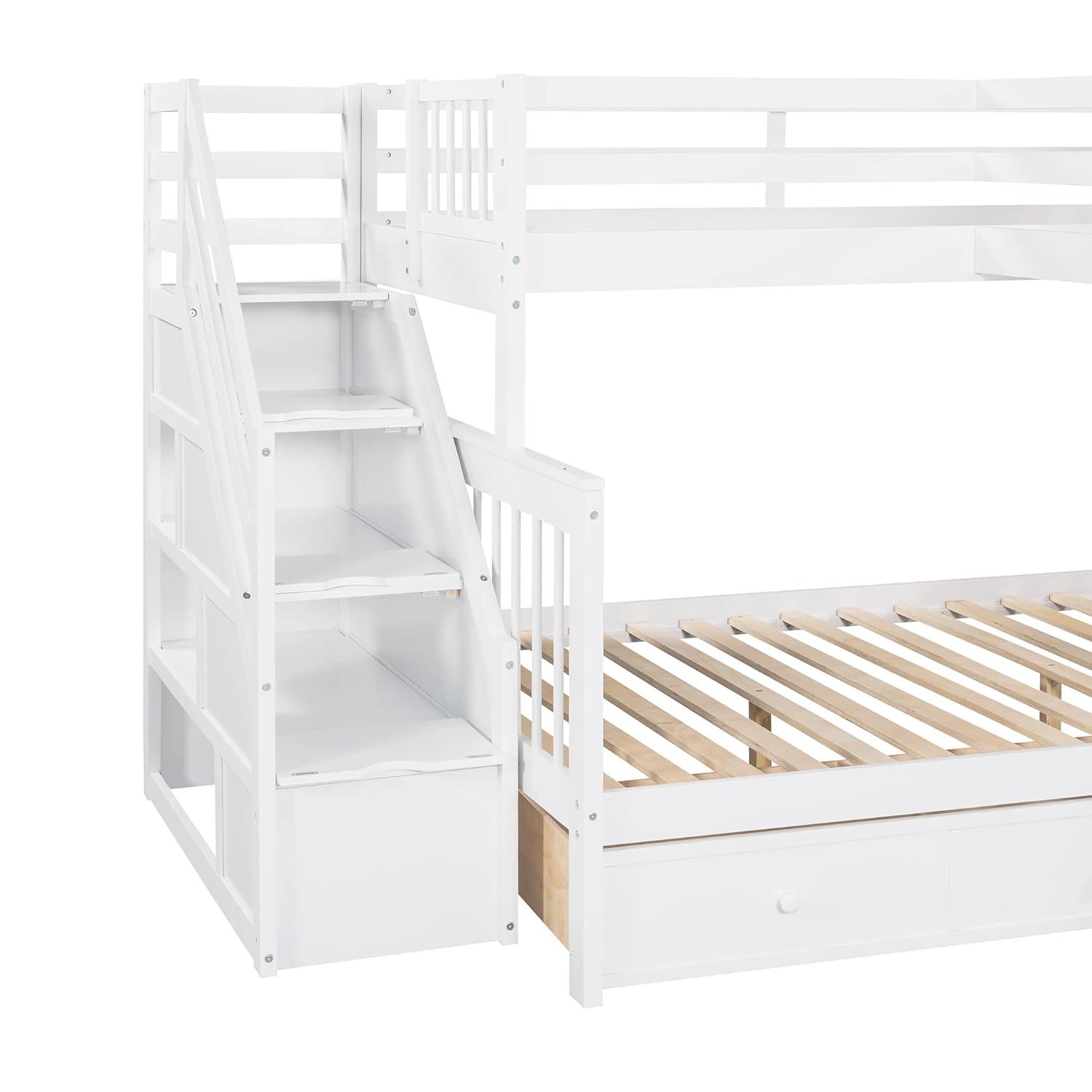 L Shaped Bunk Bed for 3, Triple Bunk Bed with 3 Drawers and Storage Stairs, Twin Over Full Bunk Bed & Twin Size Loft Bed, Wood Corner Beds for Kids, Teens, Adults. No Box Spring Needed(White)