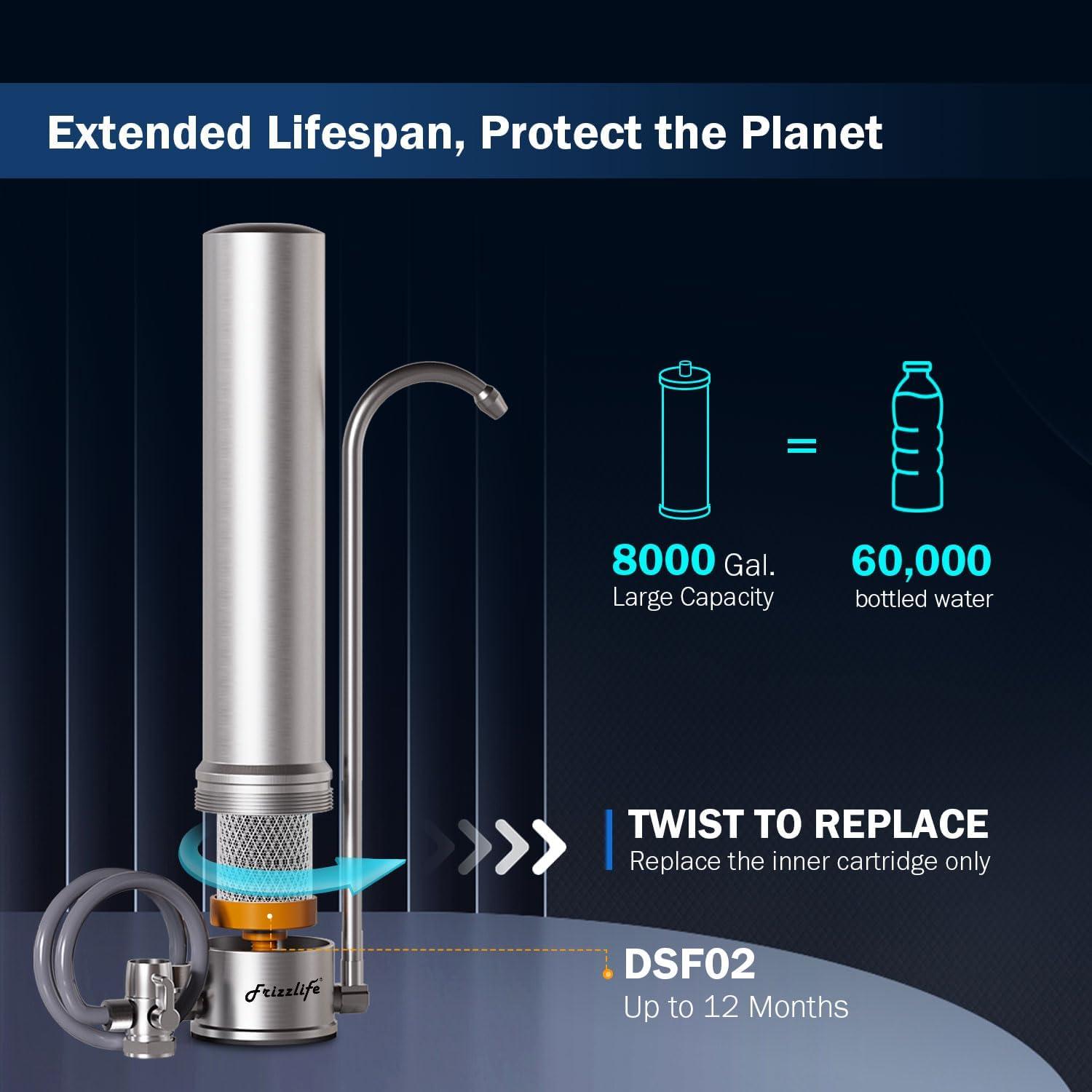 Frizzlife DS99 Dual Countertop Water Filter System, 8-Stage Stainless Steel Faucet Water Filtration System