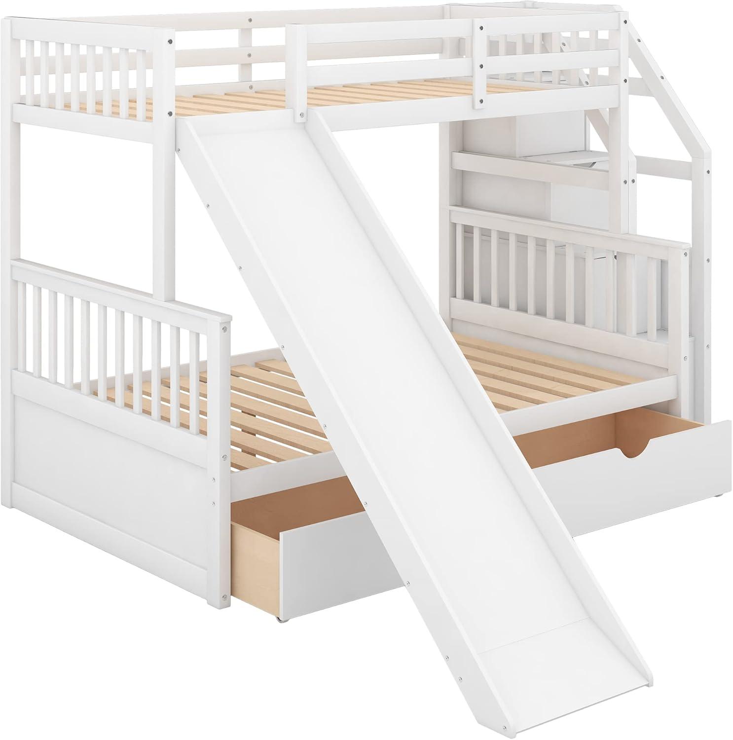 Twin Over Full Bunk Bed with Stairs and Slide, Solid Wood Bunk Bed Frame with Storage Drawers for Kids Girls Boys (White)