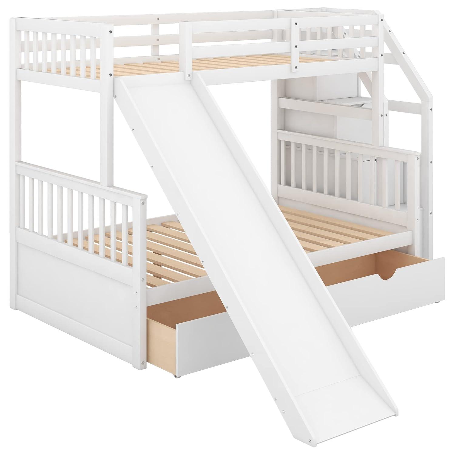 Twin Over Full Bunk Bed with Stairs and Slide, Solid Wood Bunk Bed Frame with Storage Drawers for Kids Girls Boys (White)