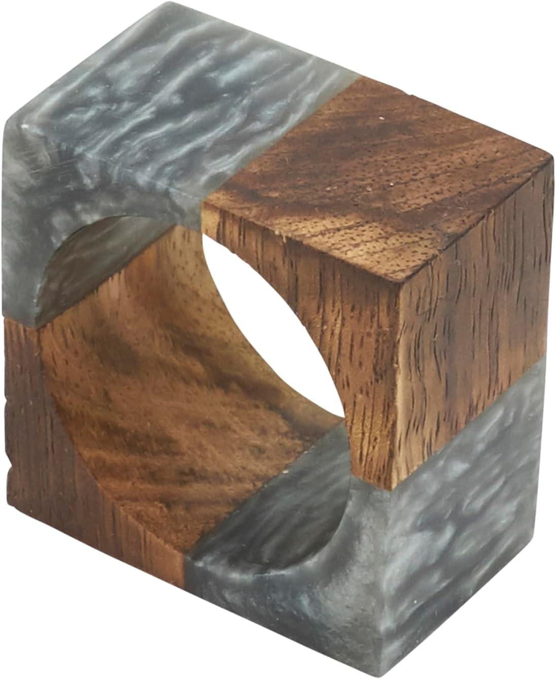 Gray Mango Wood and Resin Square Napkin Rings, Set of 4