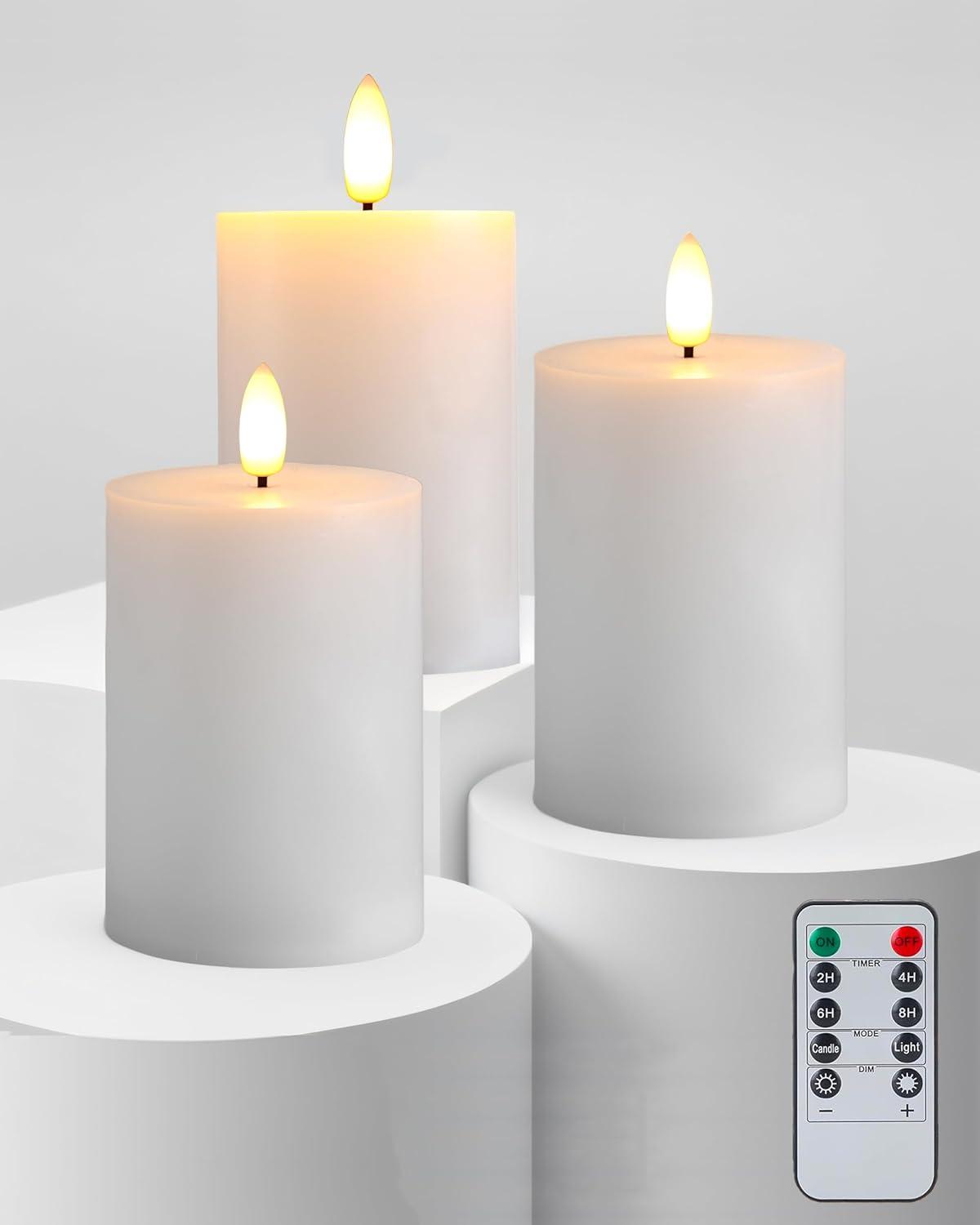 White Flameless LED Pillar Candles with Remote Control