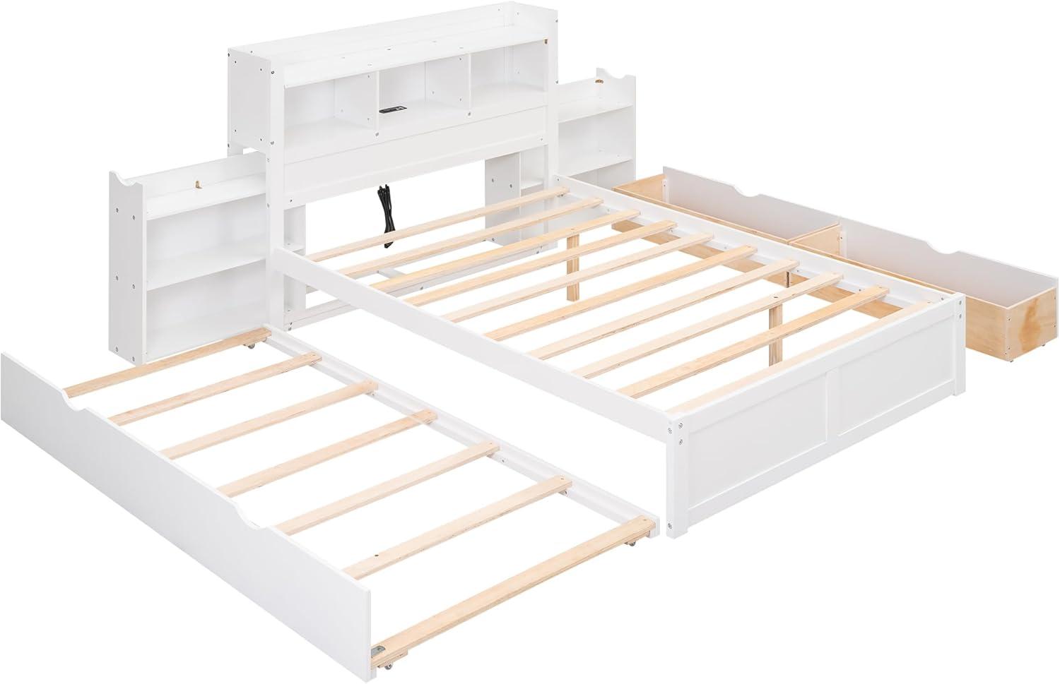 White Full Platform Bed with Storage Headboard and Trundle