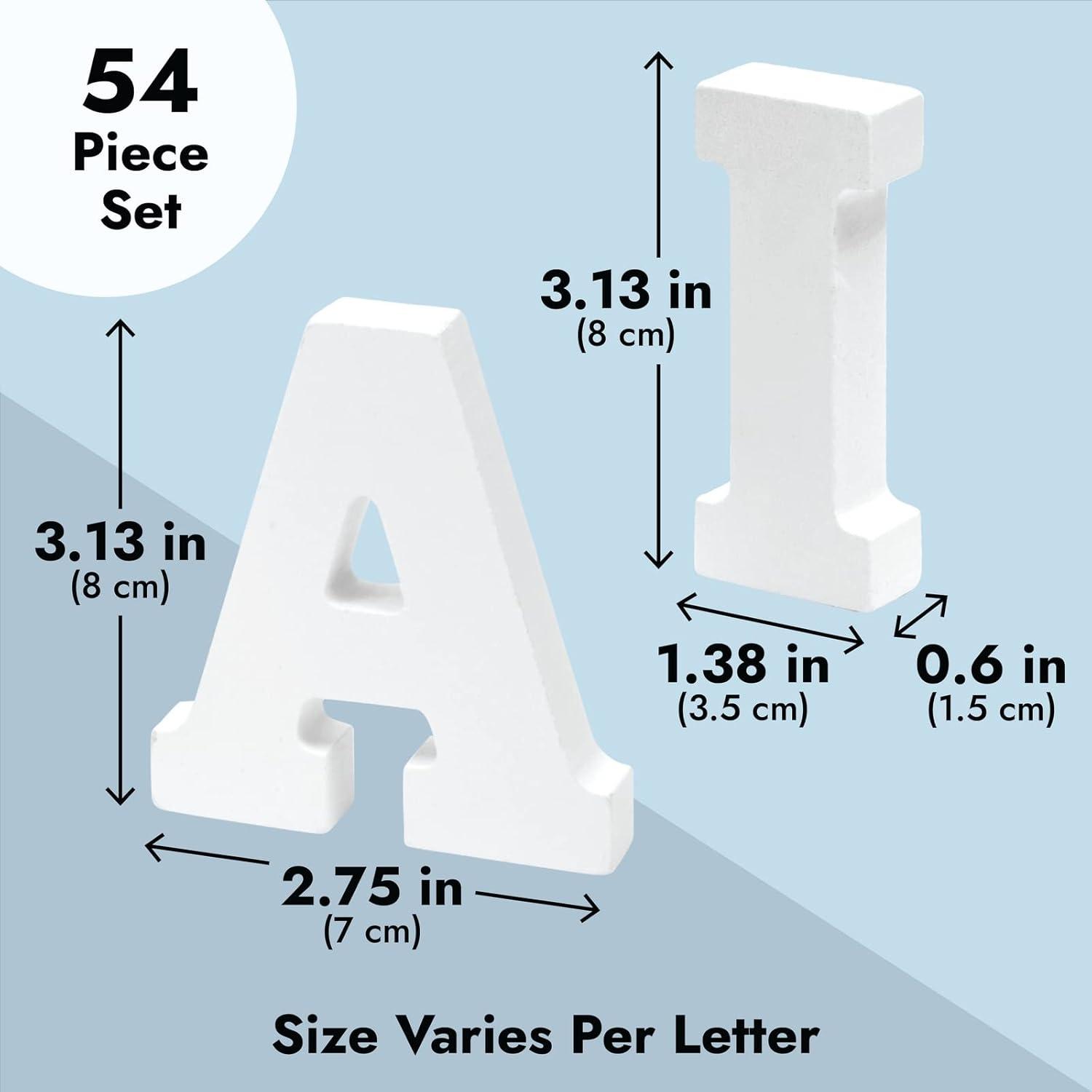 54-Piece 3D Wood Letter Alphabet for Table Top, White Block Letters for Decor Standing, Party Decor, A-Z Marquee Letters, 3D Decor for Weddings, Birthdays, and Home (3 Inch, 0.6 Inch Thick)