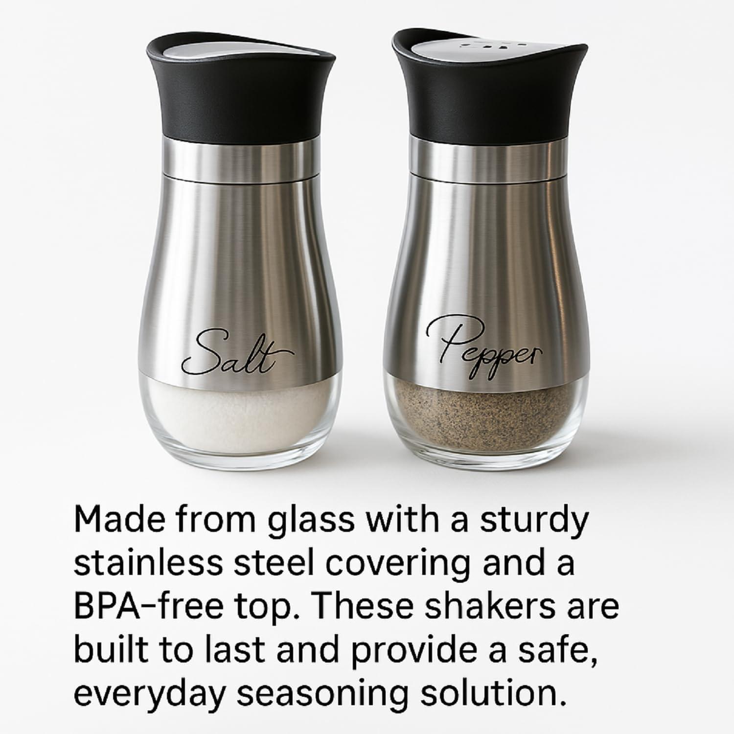 Juvale Stainless Steel Salt and Pepper Shakers Set with Glass Bottom, Perforated "S" and "P" Caps - Modern Kitchen Decor (4oz)