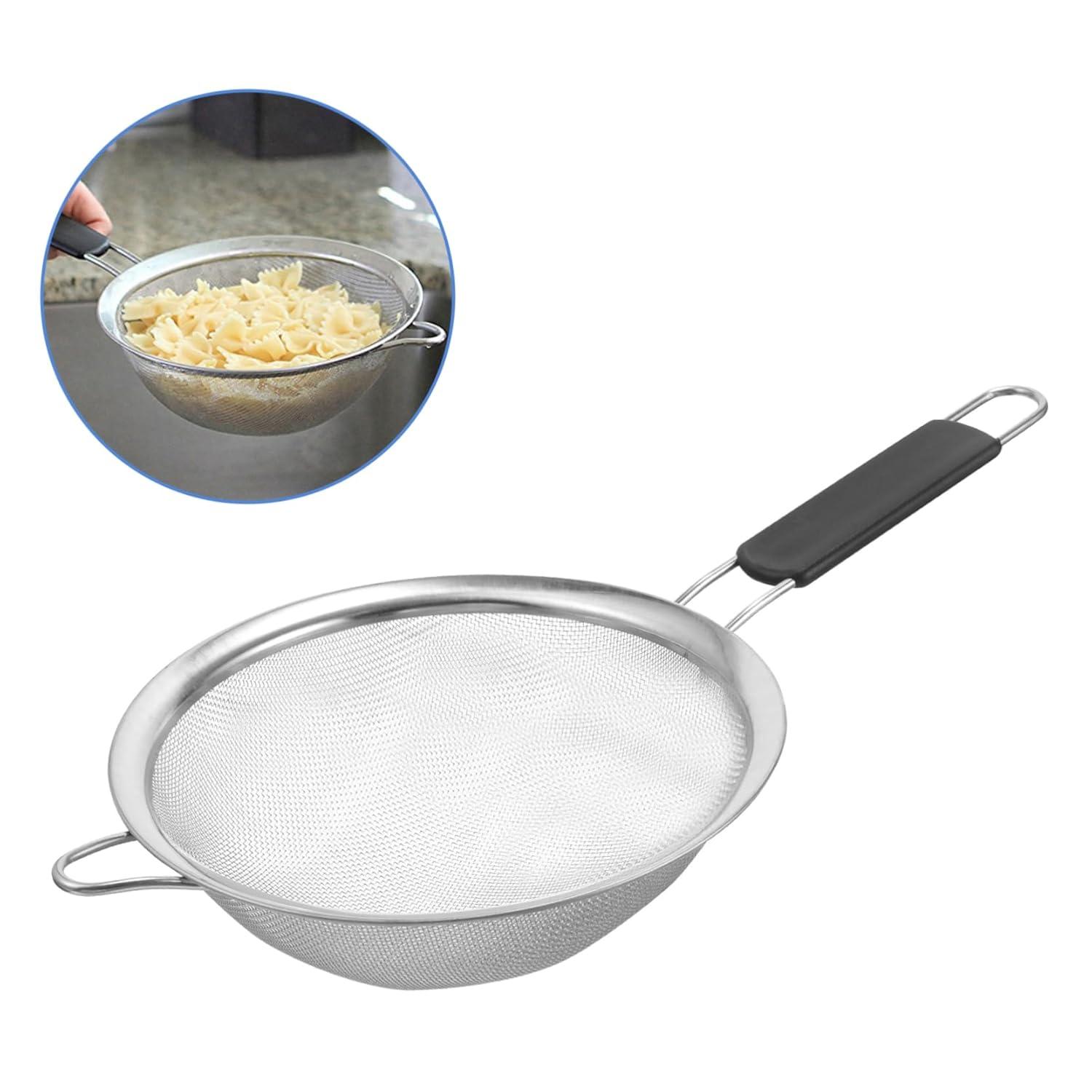 Kafoor 9" Large Fine Mesh Strainer with Thermo Plastic Rubber Handle - Sieve Fine Mesh Stainless Steel - Ideal to Strain Pasta, Quinoa and Rice.
