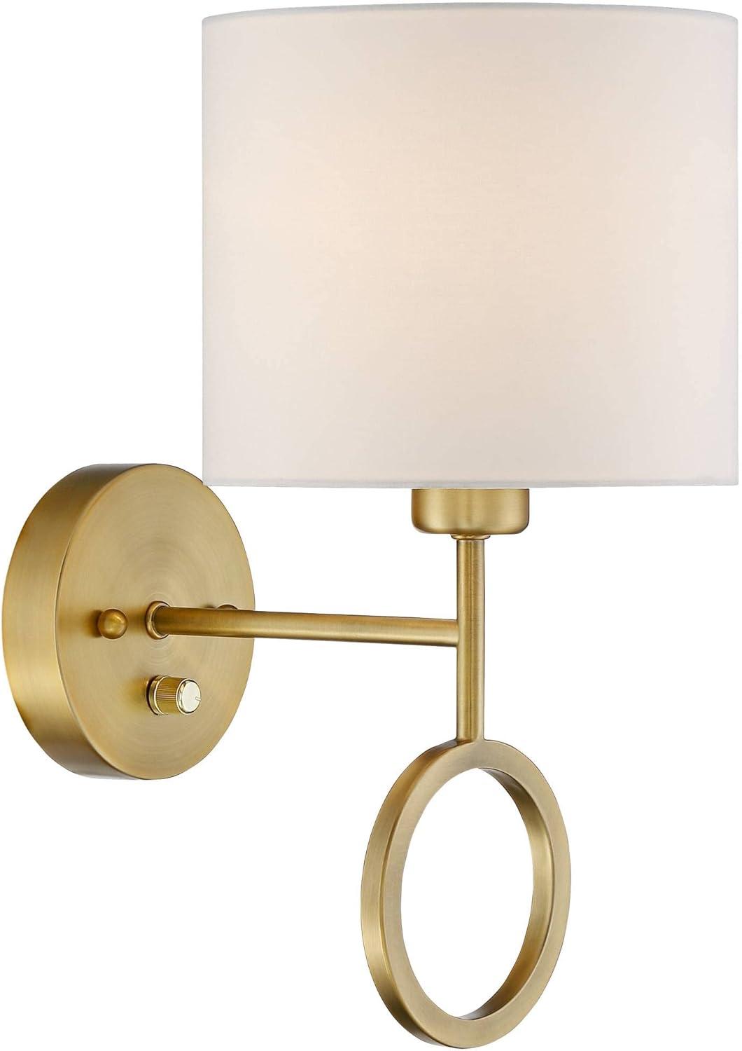 360 Lighting Amidon Modern Wall Lamp Warm Brass Metal Plug-in 8" Light Fixture White Fabric Drum Shade for Bedroom Reading Living Room House Home