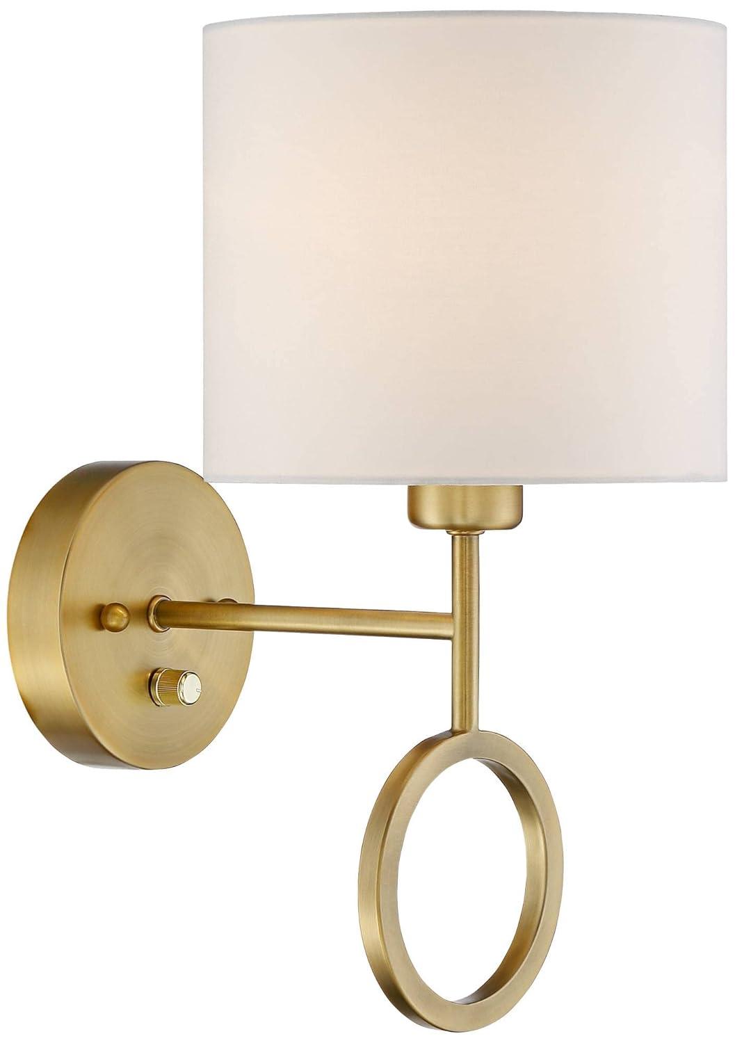 360 Lighting Amidon Modern Wall Lamp Warm Brass Metal Plug-in 8" Light Fixture White Fabric Drum Shade for Bedroom Reading Living Room House Home