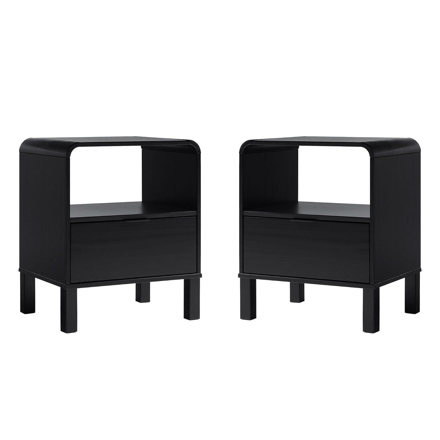 Black Solid Pine Wood Modern Nightstand Set with Drawer, 2-Pack
