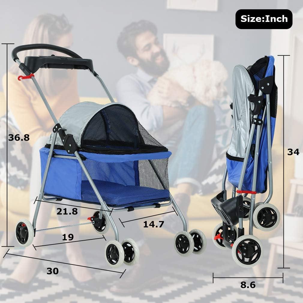 Blue Folding Waterproof Pet Stroller with Cup Holder