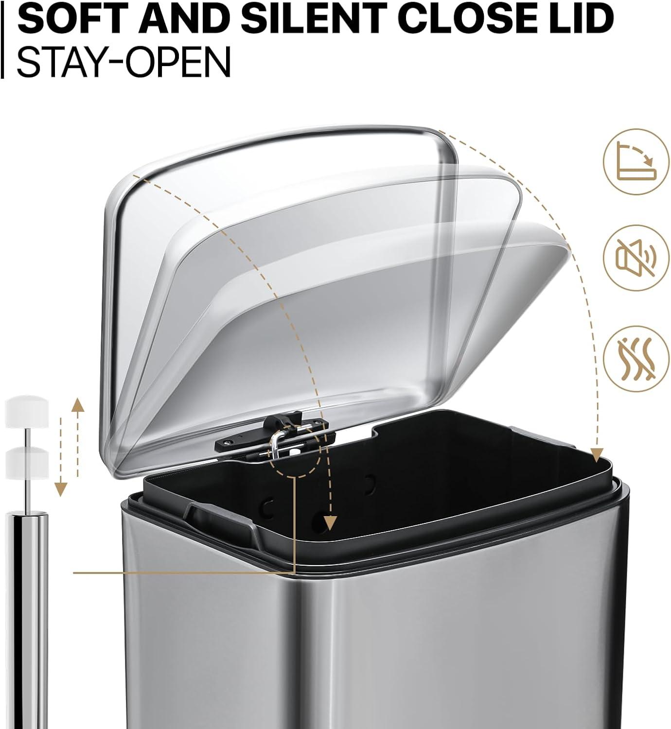 MoNiBloom 10.5 Gallon Trash Can, Hands-Free Stainless Steel Kitchen Step On Trash Can with Lid, Bathroom Waste Bin with Removable Liner Bucket and Handle, Silver