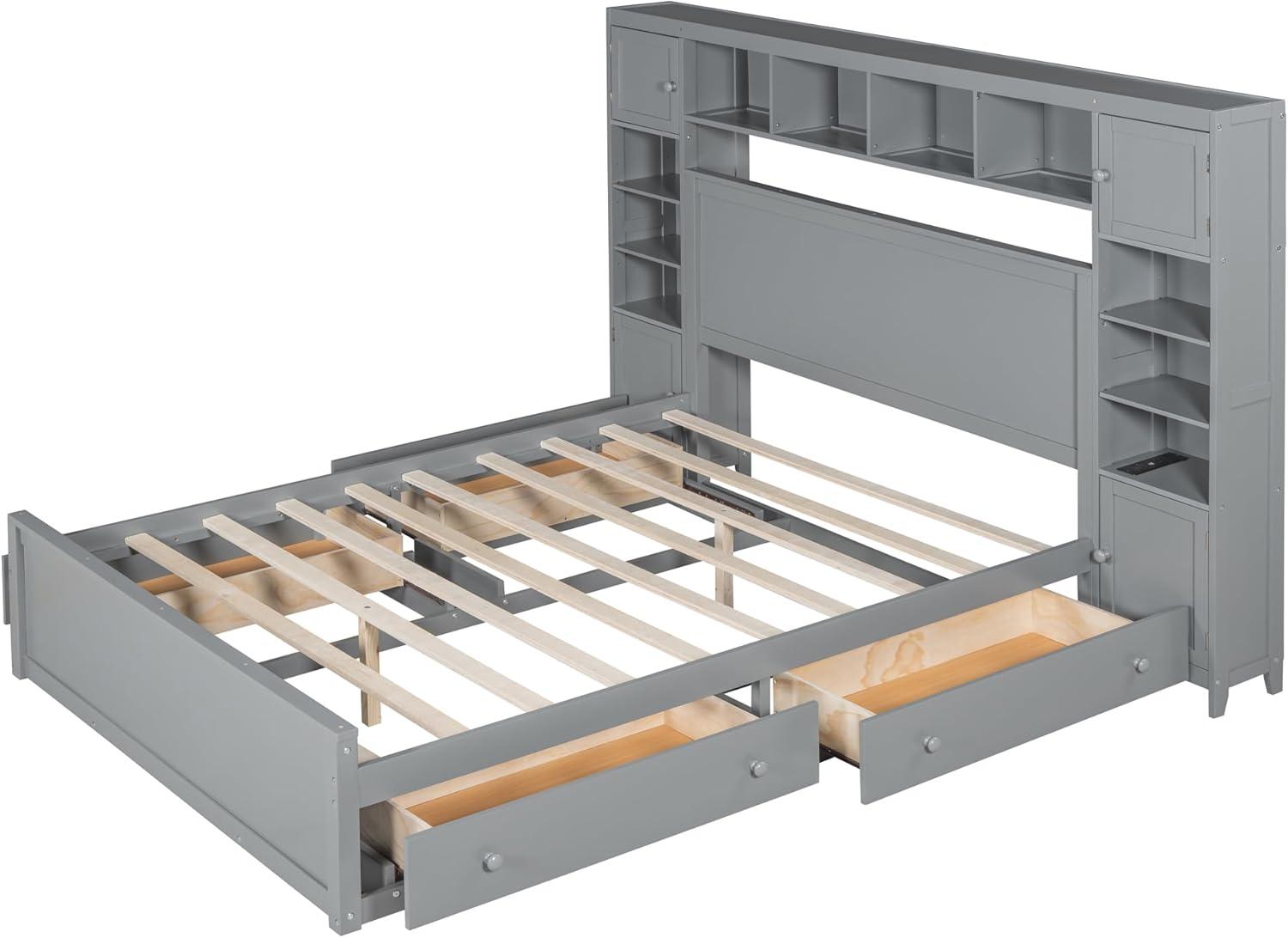 Gray Queen Size Pine Wood Storage Bed with Bookcase Headboard and Drawers