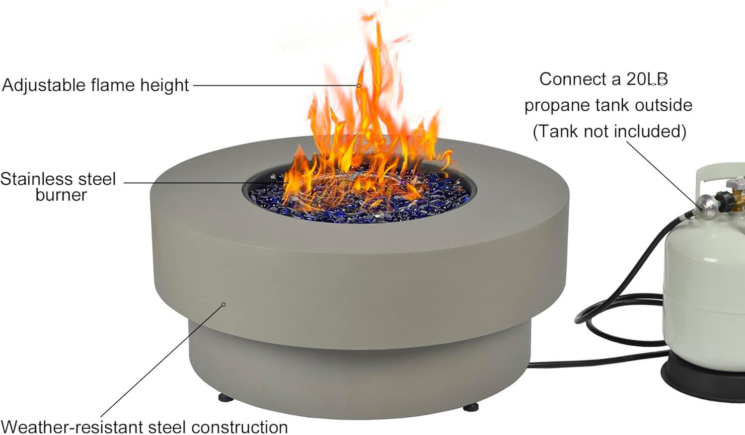 BAIDE HOME 32.5" Round Steel Low Profile Propane Fire Pit Table, 50,000 BTU Outdoor Gas Fire Pit with Lid, Glass Rocks, Cover, Pre-attached 10ft Propane Hose